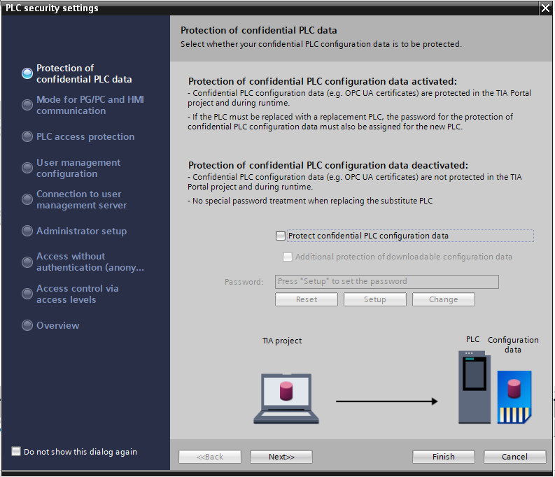 Добавление ПЛК: флажок Protect confidential PLC configuration data снят