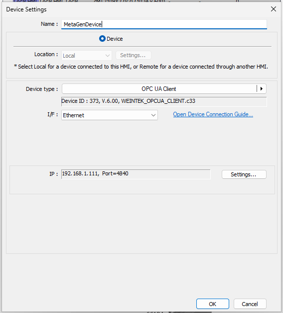 Имя устройства MetaGenDevice и драйвер OPC UA Client